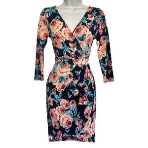 OLIVE TREE Pink Floral Blue V Neck Long Sleeve Stretchy Mini Dress Small